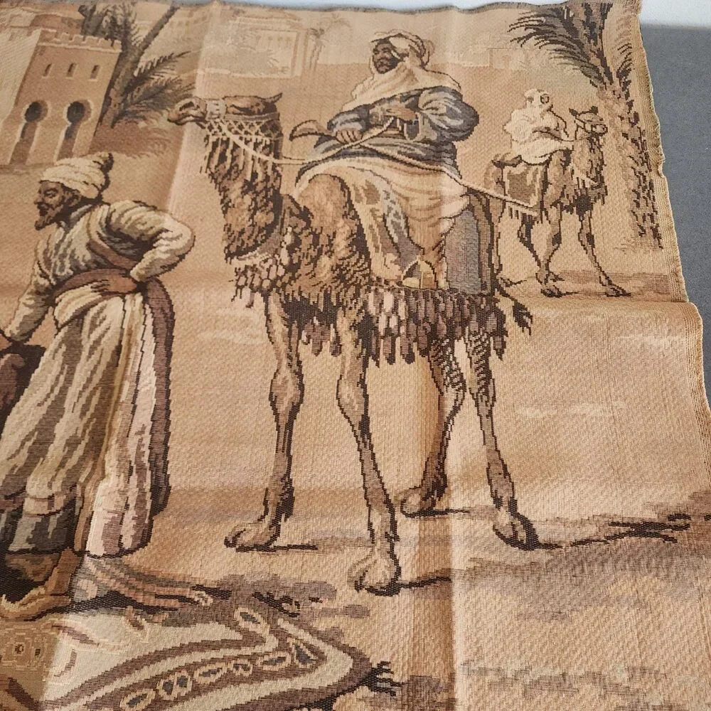 Vintage Machine Woven Jacquard Tapestry Middle Eastern Orientalist Caravan Scene